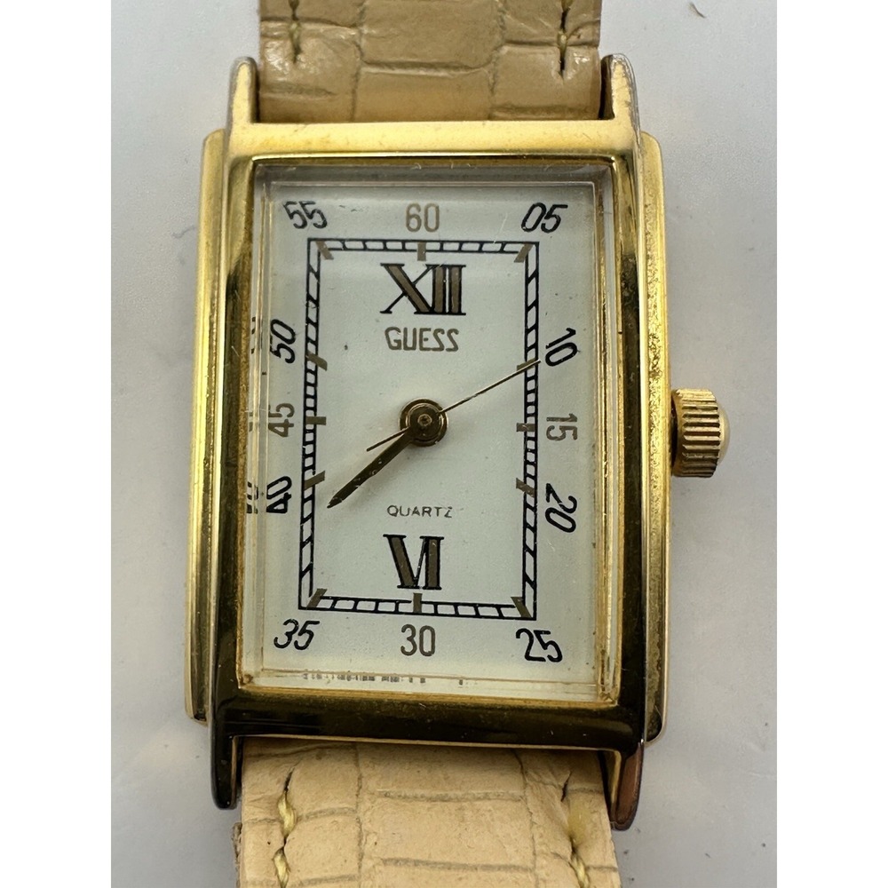 Guess‎ 1988 Ladies Tank Watch New Battery Gold Tone 19MM 6.75" Leather Band B81